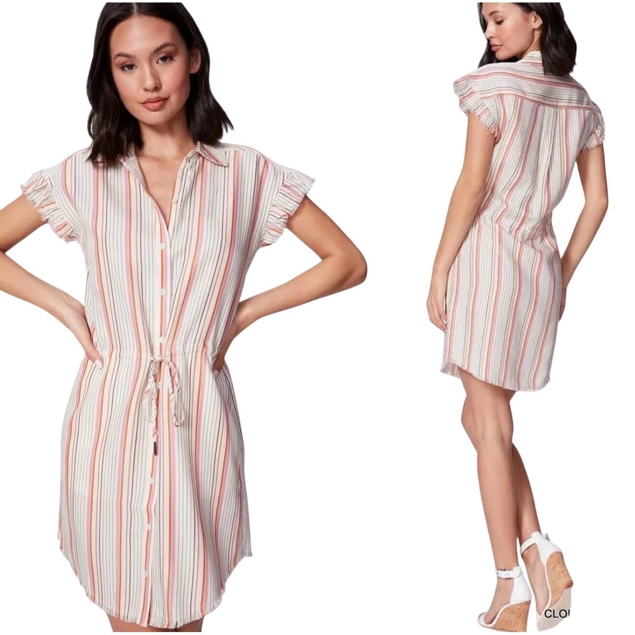 $209 Paige Jailyn Shirtdress Striped Frayed Hem Drawstring Waist Sz Medium Euc